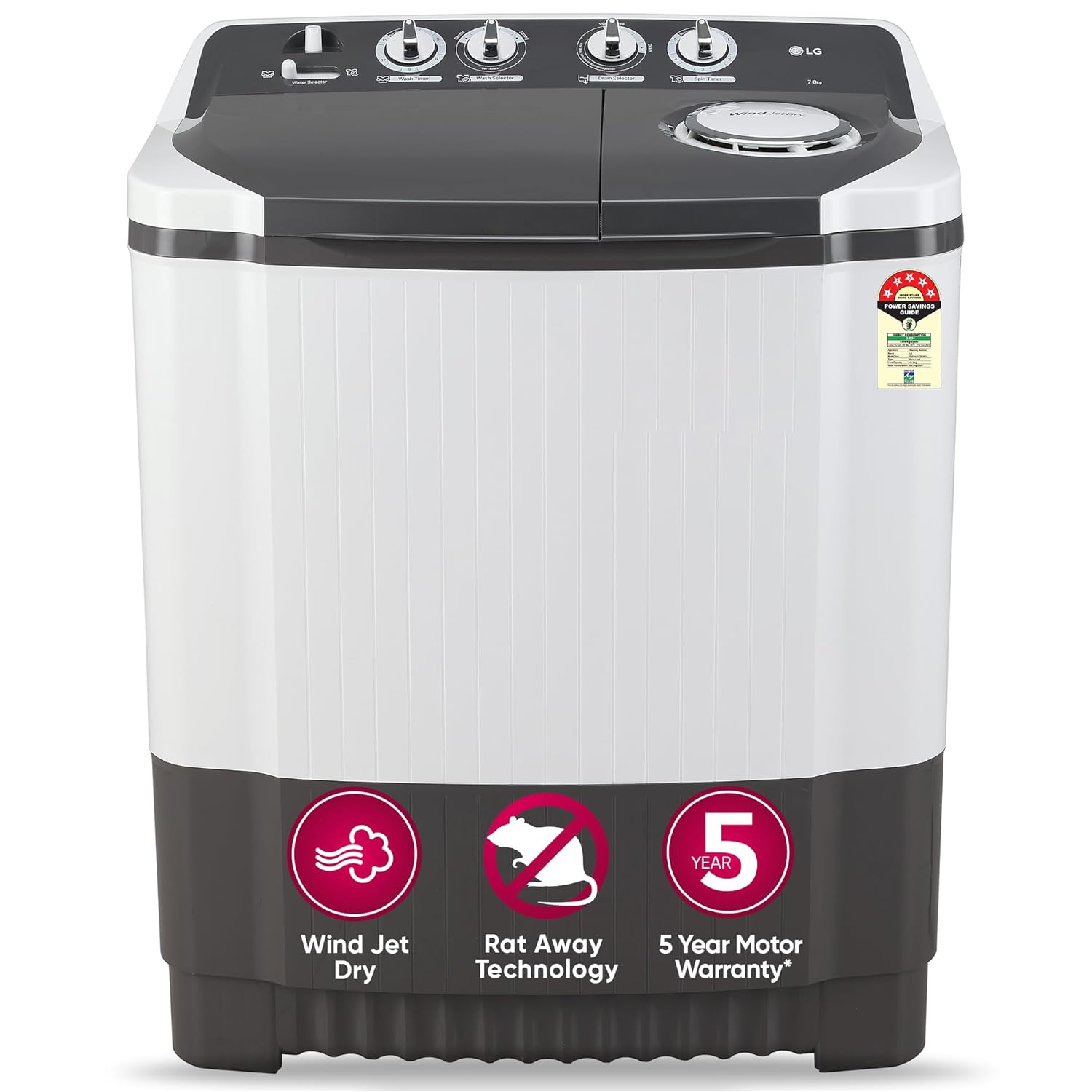 LG 7 Kg 5 Star Wind Jet Dry Semi-Automatic Washing machine